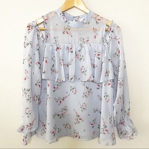 Anthropologie Sz XS Maeve Light Blue Floral Ruffle Blouse